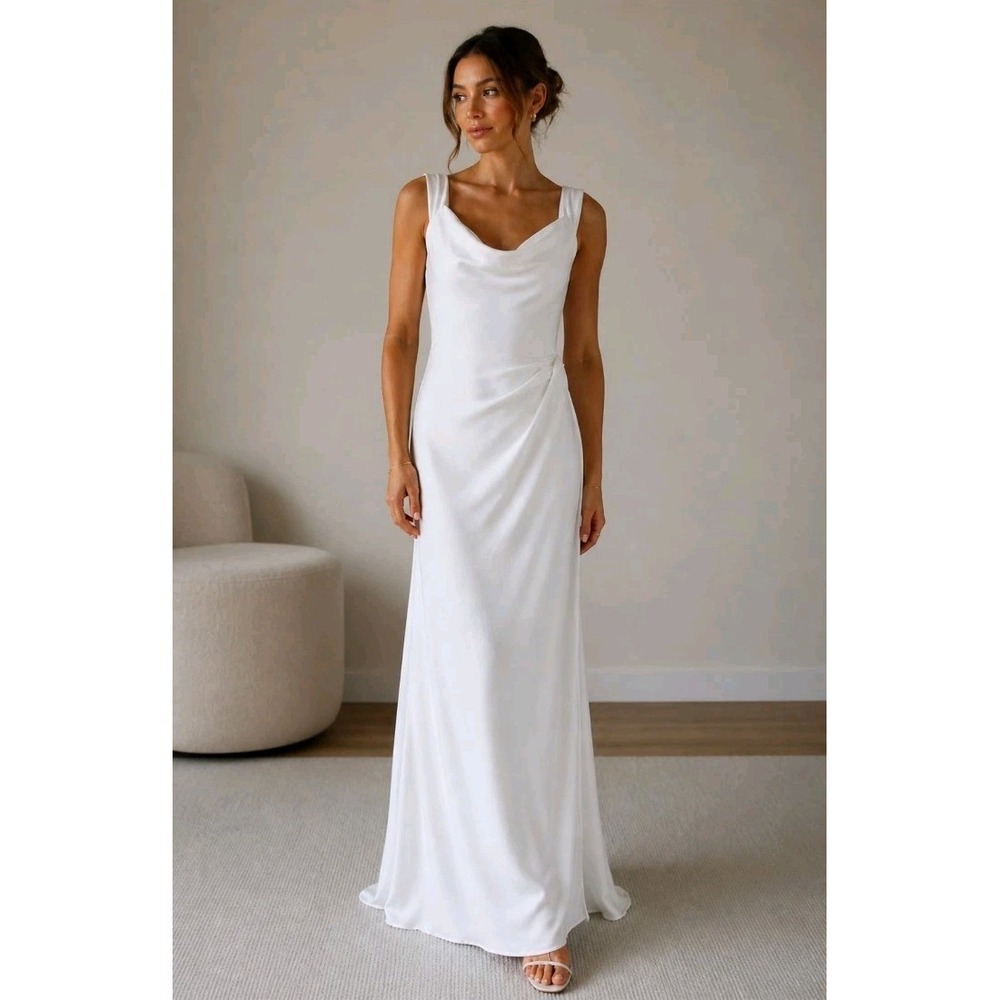 Jenny Yoo BHLDN Satin Bridal Gown Cowl Neck Button Back Wedding Maxi Dress Sz 0